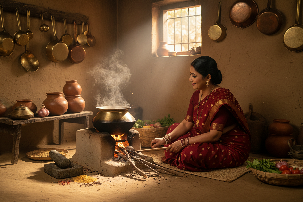 generate an image Mother cooking in age old techniques 