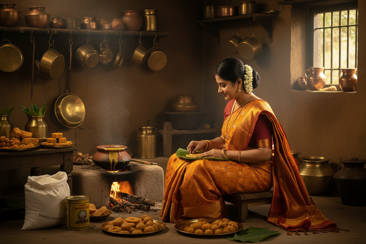 generate an image of mother cooking an traditional telugu sweets 